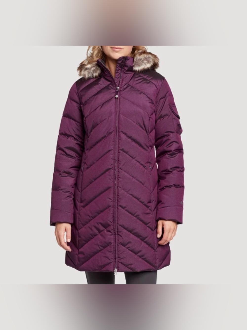 Eddie Bauer CirrusLite Luna Peak Women's L Purple Down Hooded Faux Fur Puffer